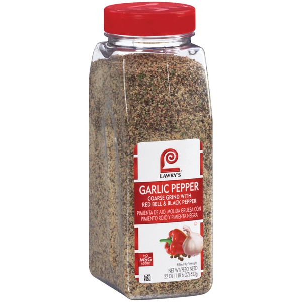 Lawry's Coarse Grind Garlic Pepper with Red Bell & Black Pepper, 22 oz - One 22 Ounce Garlic Pepper Seasoning with Parsley, Great on Beef, Seafood, Salads and Vegetables
