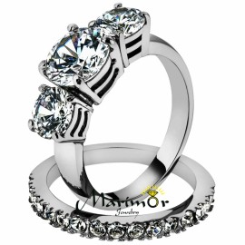 Marimor Jewelry 4.17Ct Round Cut 3 Stone Stainless Steel Engagement & Wedding Ring Set Size 5-10 - 5