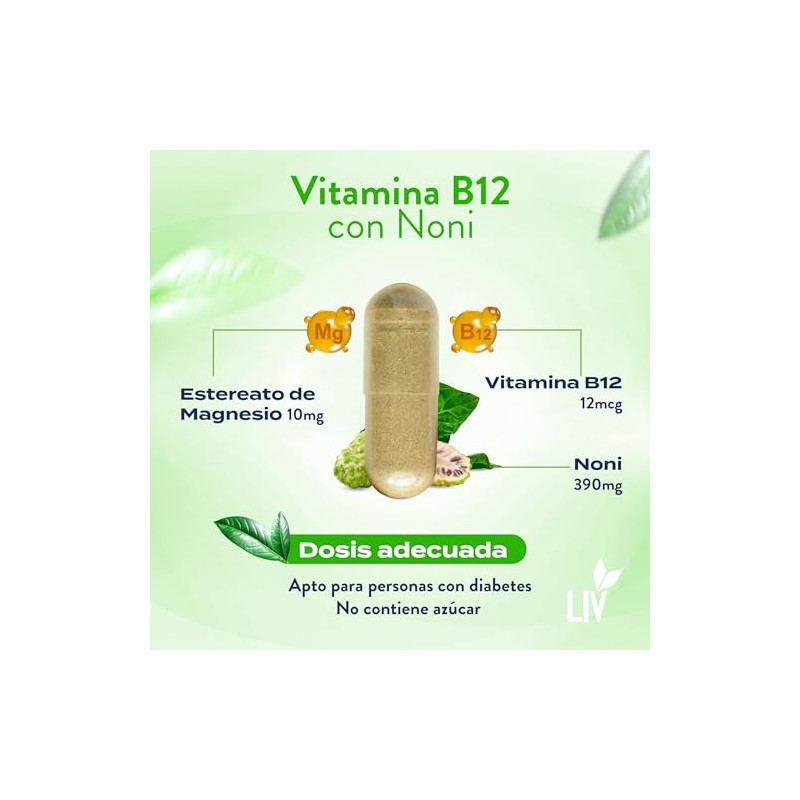 Liv Nutrition Vitamina B12 Noni 400 Cápsulas Veganas Gluten Suplemento