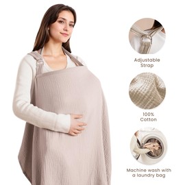Konssy Muslin Nursing Cover for Baby Breastfeeding, Breathable 100% Cotton Breastfeeding Cover with Rigid Hoop for Mother Nursing Apron, Multi-use Carseat Canopy (Taupe)