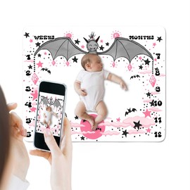 SSCSTS Bat Baby Milestone Blanket for Boy or Girl, Watercolor Pink Moon Cloud Photography Background, Monthly Age Growth Chart with Frame, Baby Shower Newborn Mom Gifts, Large 48x40in BTDWSS177