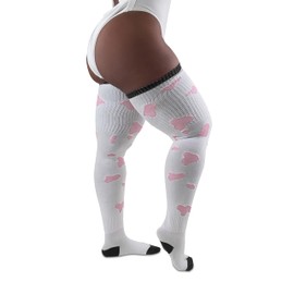 Thunda Thighs Plus Size Thigh High Socks, Over the Knee High Boot Stockings Leg Warmers, Extra Long & Thick Socks White & Light Pink Spots
