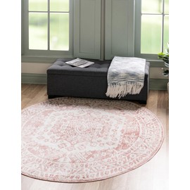 Unique Loom Oxford Collection Area Rug - Sheldonian (5' Round, Pink/ Ivory)