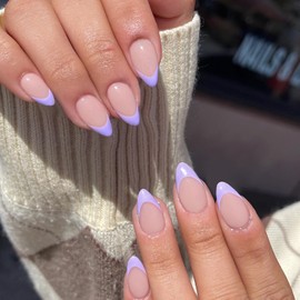 KQueenest 30 Pcs Lilac French Tip False Nails Short Medium Almond, French Tip False Nails Short Stiletto, Custom Thick Acrylic Fake Nails Set Natural Nude Gel Stick on Nail for Women Daily Wear