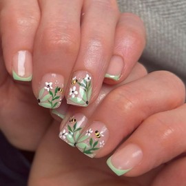 Flower Press on Nails Short Square MABKJLF Green French Tip Fake Nails Cute Nails Floral Bee False Nails with Designs Glossy Glue on Nails Summer Spring Acrylic Nails for Women Girls 24 Pcs