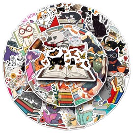 Pack of 50 Cat Reading Stickers Car Laptop Phone Guitar Skateboard Motorcycle Bicycle Reading Cat Stickers Set Vinyl Waterproof Aesthetic Stickers for Teenagers Children Adults