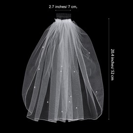 KFHENSOMR Short Wedding Bridal Veil Elegant White Wedding Veil Pearl Rhinestone Mini Bride Veils with Comb Fingertip Length Bridal Veils Accessories for Bachelorette Party Brides Women
