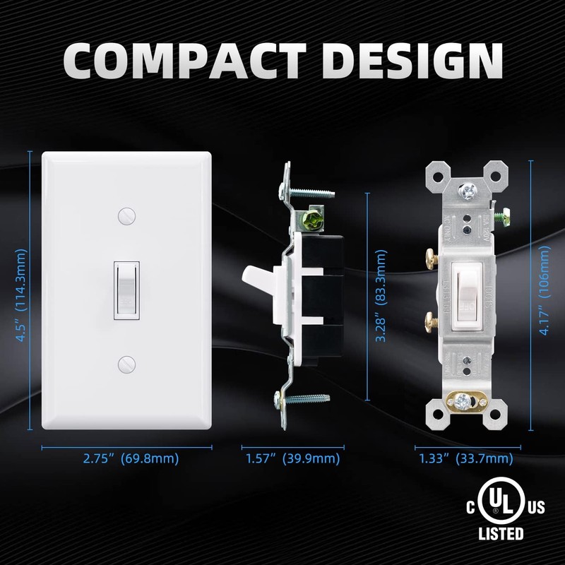 ELEGRP Single Pole Toggle Light Switch with Plate, 15 Amp,