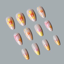 BABALAL Yellow Press on Nails Medium Almond Fake Nails French Tip Glue on Nails Summer Beach Design Acrylic Nails Flower Coquette False Nails 24Pcs Stiletto Full Cover False Nails for Women Girls