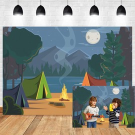 DORCEV 12x10ft Forest Camping Photo Backdrop Forest Scene Camping Decors Summer Camp Bonfire Photography Background Happy Camper Tent Campfire Backyard BBQ Party Decoration Picnic Banner Studio Props