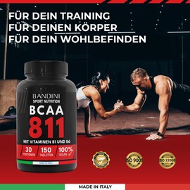 Bandini® BCAA 8 1 1 | Verzweigtkettige Aminosäuren Leucin, Isoleucin, Valin + Vitamin B1 & B6 | Post Workout - Supplements für Muskelaufbau | Hochdosiert, laborgeprüft, GVO-frei, laktosefrei | 150 Tab
