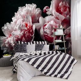 YIHWM - Black Peony Pink Floral Living Room Fabric Wallpaper Bedroom Bathroom Dark Flowers Wall Mural- 91"x65"（ not Peel and Stick）