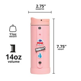 Elemental Iconic Kids Water Bottle with Straw Lid & Charms Strap, Leak-Proof When Closed, Triple Insulated Stainless Steel Reusable Water Bottle - 20oz, Rose