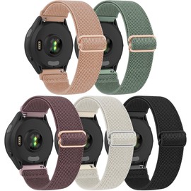 (5Pack)Elastic Solo Loop Bands for Garmin Vivoactive 5/Vivoactive 3,T Tersely 20mm Soft Stretch Adjustable Nylon Sport Band for Garmin Venu,Venu SQ/SQ2/2 Plus,Vivomove Luxe/Style/Trend, Forerunner 55/158/245/645 (Black+Pink+Cactus+Starlight+Purple)