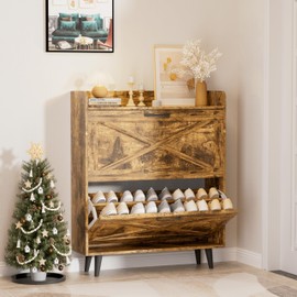 Proarea Shoe Cabinet with 2 Flip Drawers, Freestanding Shoe Cabinet Storage for Entryway, Narrow Hidden Shoe Rack Cabinet Organizer with Metal Legs, Rustic Brown