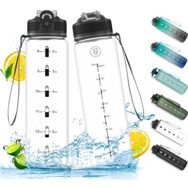 NAVTUE 1 Litre Sports Water Bottle with Straw and Time Markers, Leakproof Tritan Water Bottle, BPA Free for Fitness/Cycling/Camping/Running (Transparent)