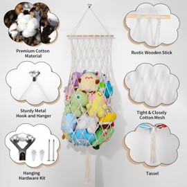 Stuffed Animal Storage Net, 68 Inch Jumbo Macrame Vertical Stuffed Animals Hammock Corner, Wall & Ceiling Hanging Stuffy Hammock Plushie Holder Display for Kids Boys Girls Boho Nursery Decor (Beige)