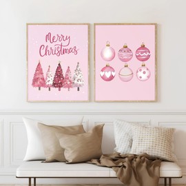 NOCTMETEOR 4Pcs Pink Santa Christmas Tree Wall Art, Pink Christmas Decorations for Bedroom Girlsroom, 8x10 Inch Unframed