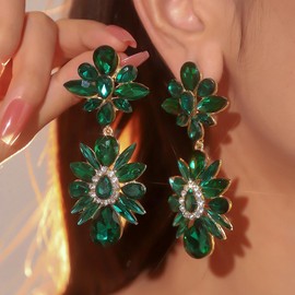 Wiwpar Fashion Green Rhinestone Floral Chandelier Dangle Earrings Crystal Cluster Statement Earrings Christmas Evening Prom Pageant Jewelry Earrings for Women