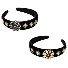LOVEF 2pcs 40mm Fashion Headbands for Girls Women Padded Velvet Hair Bands Rhinestone Crystal Flower Hair Hoops Shining Wide Headband