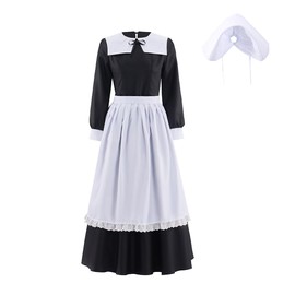 LQTIKLD Historical Colonial Costume Pioneer Maid Apron Dress Pilgrim Women Costume Fancy Dress with Bonnet (XX-Large)