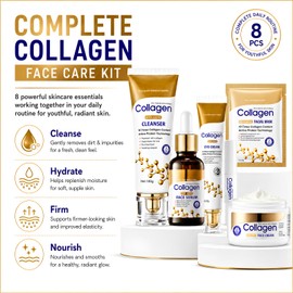 8PCS Collagen Skin Care Set, Skincare Gift Sets for Women, Face Serum, Face Wash, Moisturiser, Eye Cream, 3PCS Face Mask & Lip Balm, Hydrating, Reduces Wrinkles for Mature Skin