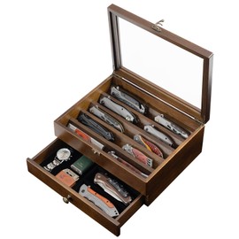 Knife Display Case Knife Collection Display Holder with Glass Lid, 2-Layer Wooden Pocket Knife Case with Drawers