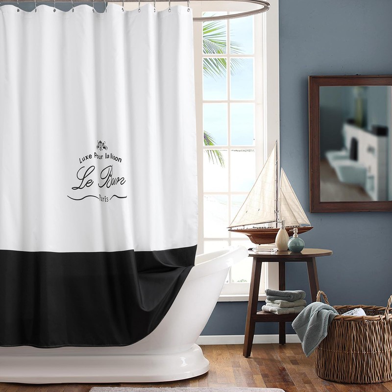 Le Bain Black Fabric White Printed Shower Curtain,Polyester Fabric Shower