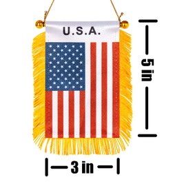 ZXvZYT 3 X 5 Inch America USA Window Hanging Flag US Small Mini Car Flags Banners Rearview Mirror Decoration - with Suction Cup & Golden Fringy Banner(2 Pack)
