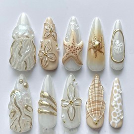 Almond Press on Nails Medium 3D Fake Nails Gold Curve Line False Nails with Jellyfish Sun Floral Designs White Glossy Glue on Nails Full Cover Summer Ocean Acrylic Nails for Women Girls 30Pcs