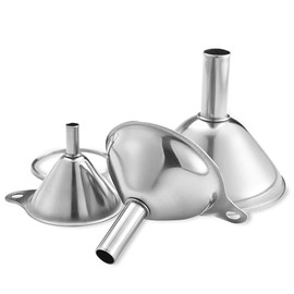 ANCLLO 3pcs Kitchen Stainless Steel Strainer Funnel Set with a Clip-Ring,Liquid Subpackage Funnel Kitchen Gadget with Metal Handle for Transferring Fluid, Liquid, Oil, Powder (Stainless Steel)