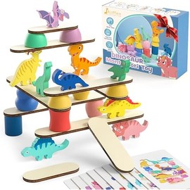 Montessori Dinosaur Toys for 1 2 3 4 Year Old Toddlers, Preschool Education Toys for Ages 2-4 Boys Girls Kids, Wooden Dinosaur Blocks Sorting & Stacking & Balance Toys, Educational Birthday Gift