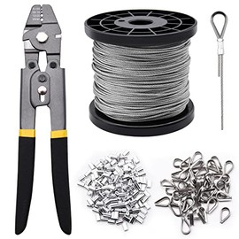 328ft Wire Rope Crimping Tool Kit, 1/16" Stainless Steel Wire Rope Cable with Aluminum Crimping Sleeves and Stainless Steel Thimbles for Railing, Decking, Picture Hanging