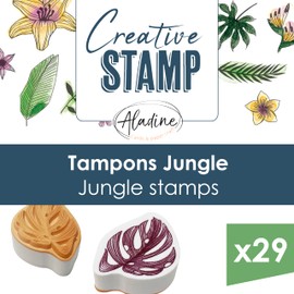 Aladine - 29 Dschungel-Stempel mit schwarzer Tinte – zum Personalisieren von Karten, Einladungen – Scrapbooking, Bullet Journal, exotische Blätter, Blumen Natur – Creative Stamp – 03744