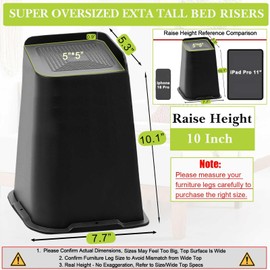 Bed Risers 10 inch Heavy Duty, Oversized Furniture Riser for Couch Sofa Table Chair Leg Frame Dorm, Support up to 6000 Lbs (Black 4 Pack, 10 inch)
