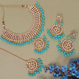 Efulgenz Indian Jewelry Choker Necklace Maang Tikka Earrings Bollywood Wedding Crystal Kundan Necklace Earrings Head Chain Set