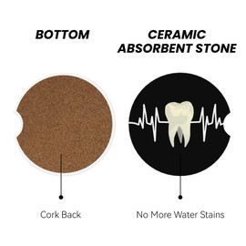 Tooth Heartbeat Dentist Dental Hygienist Assistant Car Coasters for Cup Holder, 2 Pack Absorbent Ceramic Car Coaster with Finger Notch & Cork Base