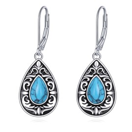 Turquoise Earrings Sterling Silver Filigree Dangle Dangly Drop Leverback Earrings Western Boho Jewelry Gifts for Women
