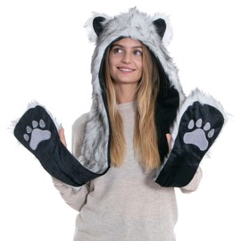 Winter Warm Plush Faux Fur Animal Paws Hat Hoods Gloves Scarf, Fox