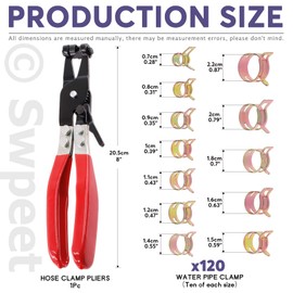 Swpeet 121Pcs 7-22mm Spring Band Hose Clamps with Swivel Flat Band Fuel Hose Clamp Plier Assortment Kit, Silicone Vacuum Hose Action Pipe Clamp Low Pressure Air Clip Clamp for Hose Clamps