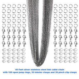EuTengHao Necklace Jewelry Chain 40 Feet Kit with 100 Jump Rings and 30 Lobster Clasps 5 Waxed Necklace Cords 1.5mm Stainless Steel Silver Plated Jewelry Chain for Jewelry Bracelet Making Repair