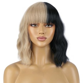 BERON 14 Inches Black Blonde Wig with Bangs Short Curly Black Blonde Split Wig for Women Daily Party Hairnet Include