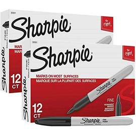 Sharpie Permanent Markers, Fine Point, Black, 2 Boxes of 12 Total of 24 Markers