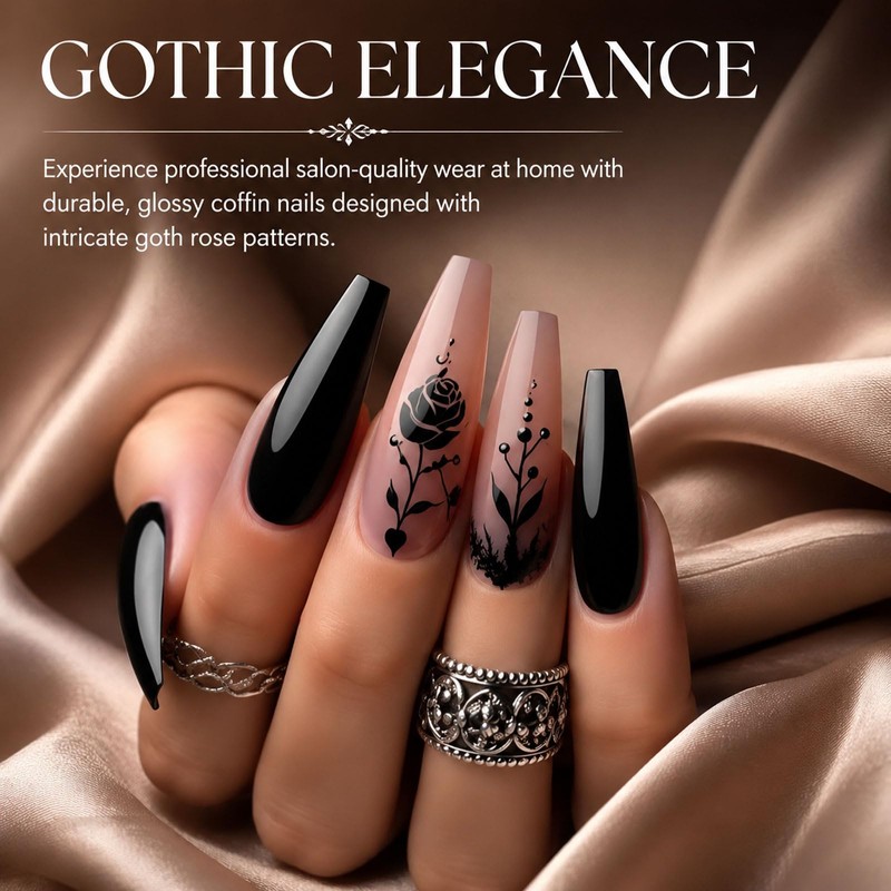 Dixiwuje Long Coffin Nails, Press-On Nails, Black, Pack of 24,