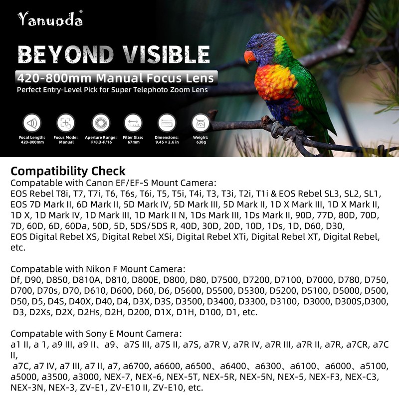 Yanuoda 420-800mm Super Telephoto Manual Lens F/8.3-16