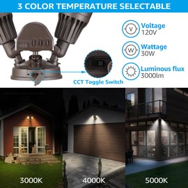 LEONLITE 3CCT LED Security Light, Motion Sensor Flood Lights Outdoor, Aluminum, 3 Modes Motion Detector+Dusk to Dawn+Switch Control, 3000K/4000K/5000K Selectable, IP65, Adjustable 2-Head, ETL, Bronze
