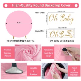 Gallety 7.2 FT Pink Round Backdrop Cover for 5 to 7.2ft Circle Arch Stand with Oh Baby Decal Sign - Adjustable Polyester Arch Backdrop Cover for Wedding Arch Birthday Party Photography Decoration
