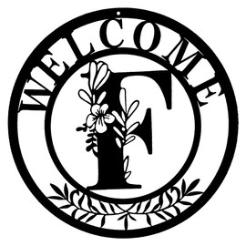 Initial Welcome Sign Front Door Wreath, 12 Inch Metal Monogrammed Sign Farmhouse Porch Sign Wall Art Decor, Monogram Rustic Welcome Wreath for Indoor Outdoor (Letter F)