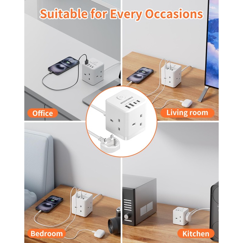 ROOTOMA Cube Extension Lead with USB C Slots, 3 Way