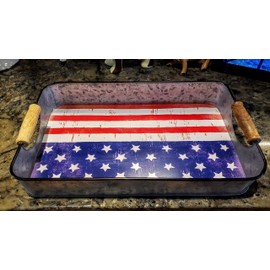 Stars and Stripes Galvanized Serving Tray 16 x 10 x 2.5 Inches - Wood Handles